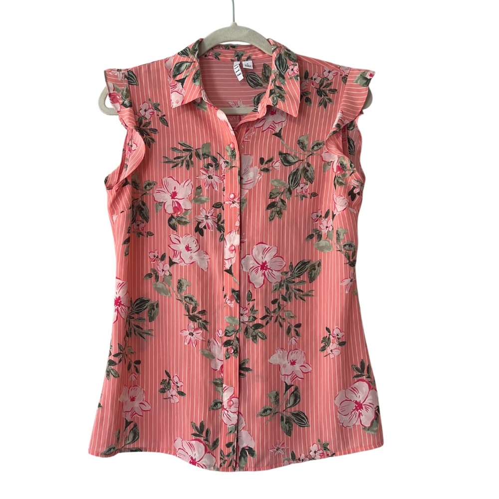 ELLE Flutter-Sleeve Button-Down summer Stripe Garden Top